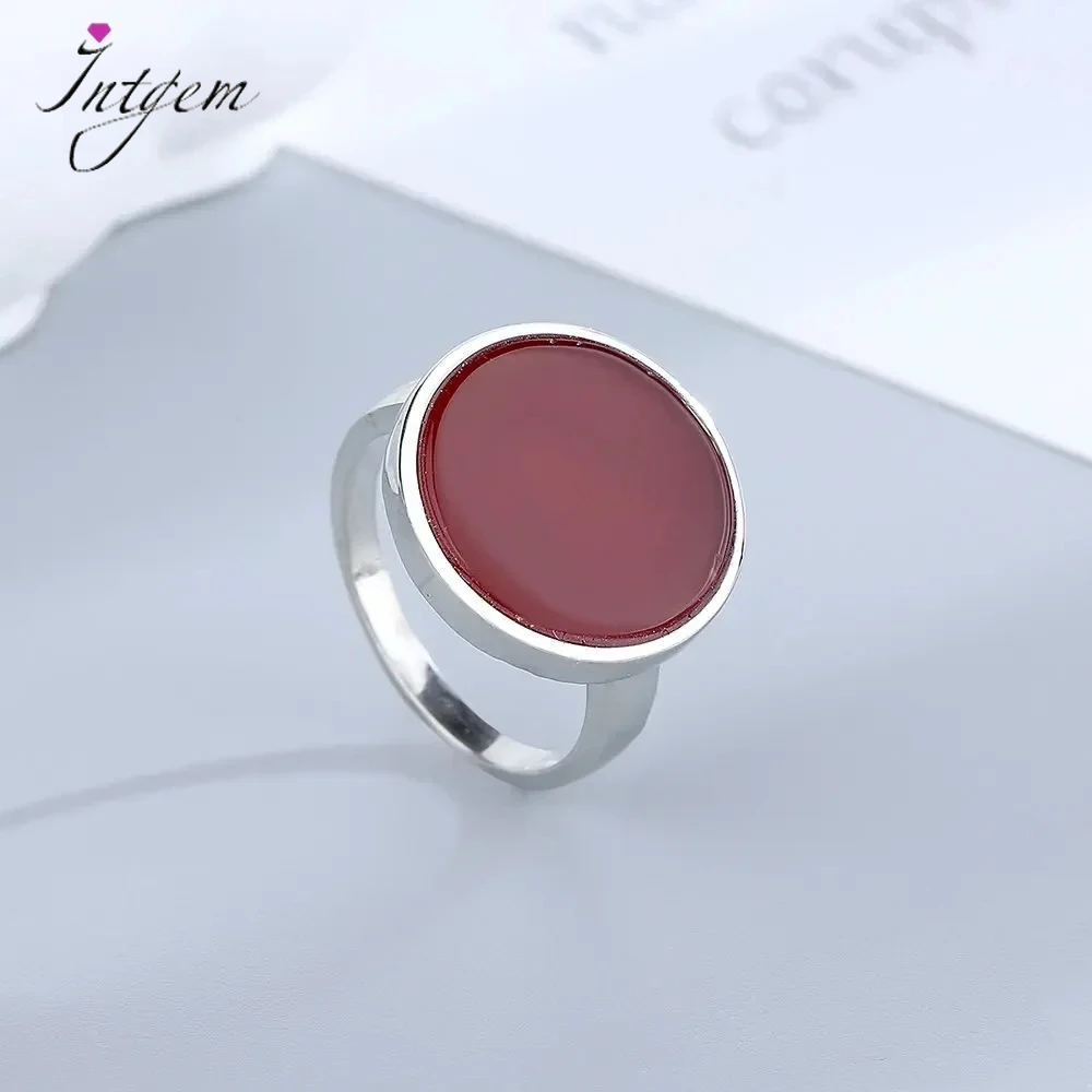 Pierścionek ze srebra próby 925 z rodochrózytem, inkrustowany okrągłym naturalnym kamieniem, minimalistyczny, uroczy pierścionek dla kobiet i mężczyzn, elegancka biżuteria na imprezę.