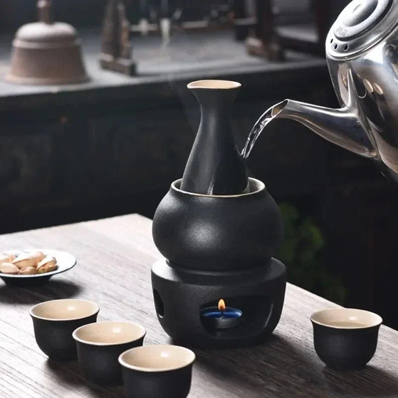 

Ceramic Sake Set With 1Pcs Warmer Sake Bottle Candle Heating Stove Warmer Cup And 4pc Sake Cups