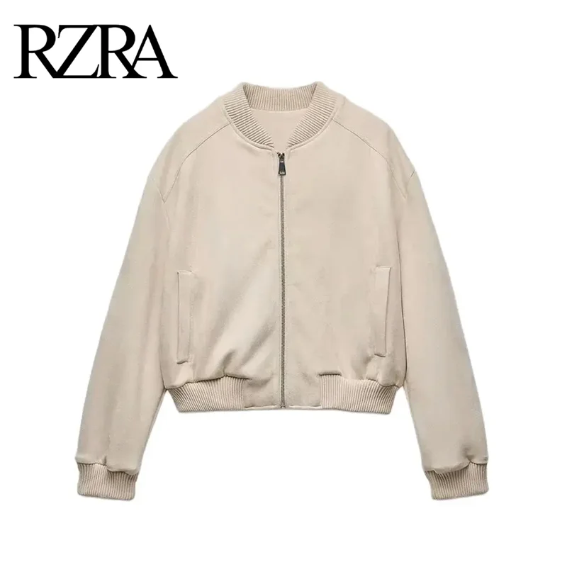 RZRA original 2024 autumn and winter new women\'s round neck long sleeve elastic ribbed layer suede texture effect bomber jacket