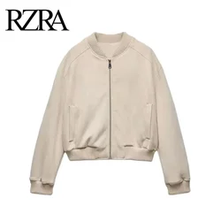 RZRA original 2024 autumn and winter new women's round neck long sleeve elastic ribbed layer suede texture effect bomber jacket