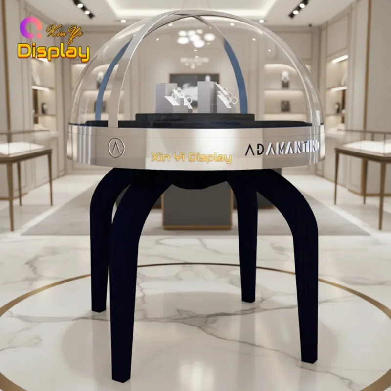 custom.Modern Customized LED Glass Metal Jewelry Display Stainless Steel Material Gold Retail Jewelry Shop Desi