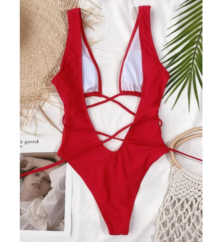 2025 Red Sexy One Piece Swimsuit Women Lace Up Strappy Plunge Swimwear High Cut Bathing Suits Beach Wear Monokini Swimming Suit