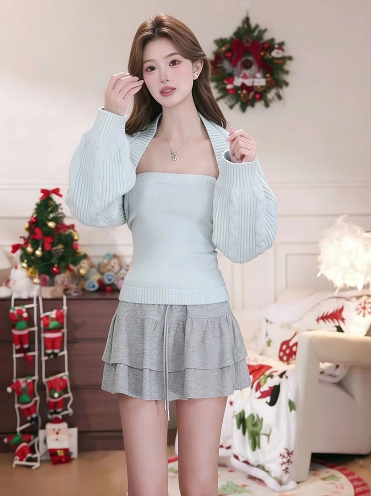 

Весенний трикотажный топ-боди и кардиган в стиле «чистое желание», элегантный комплект, облегающий крой, удлиненный рукав...