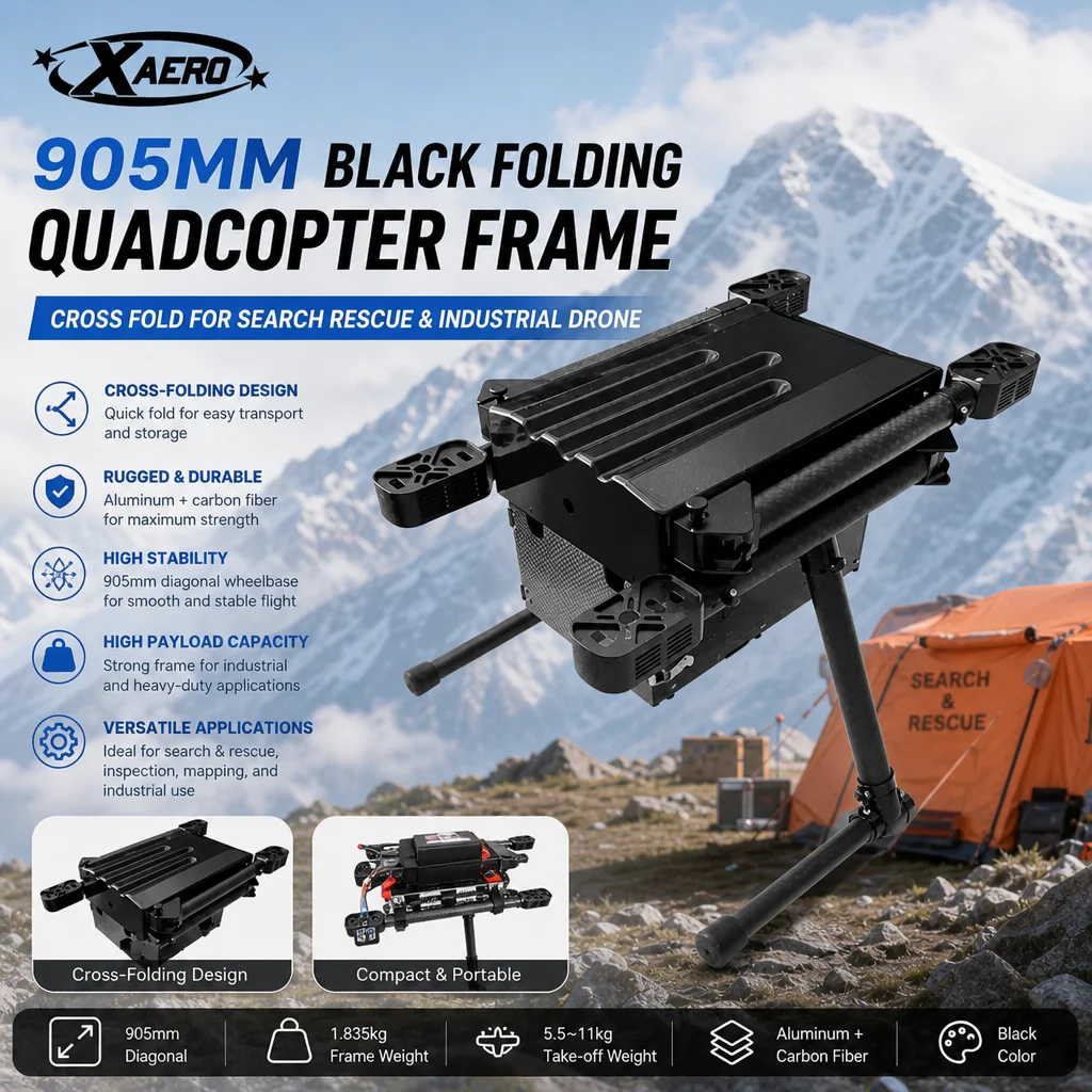 XAERO 905mm Black Folding Quadcopter Frame Cross Fold for Search Rescue Industrial Drone