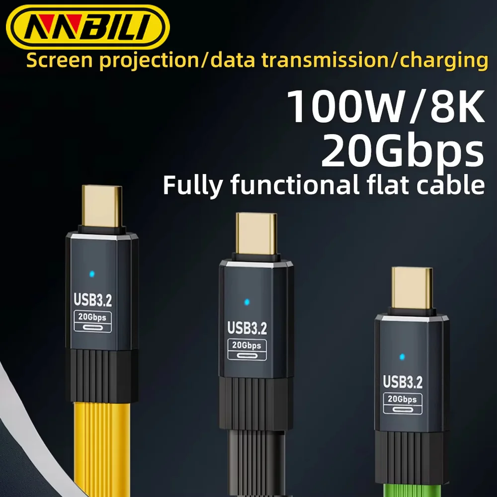 

NNBILI USB3.2 20 Гбит/с Тип C к плоскому кабелю для передачи данных ThunderBolt 3 PD100W 5A USB-C Шнур для iPhone 15 Pro MacBook Pro Samsung