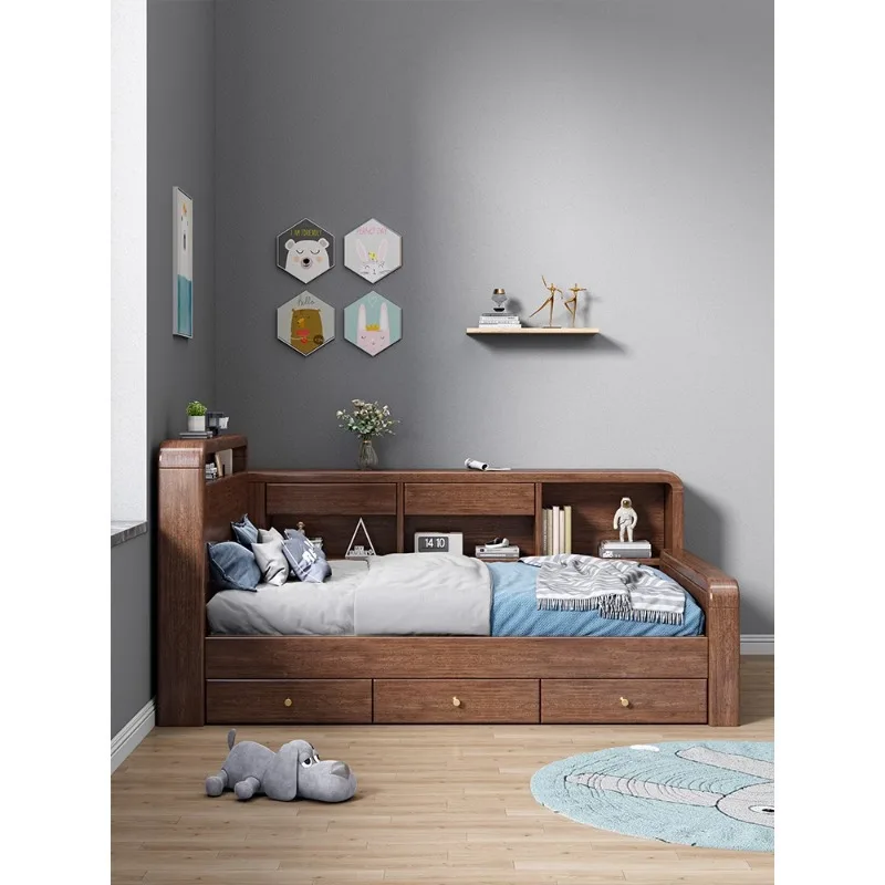 Solid wood children's bed walnut tatami bed bookshelf integrated bedroom multi-functional storage single storage bed