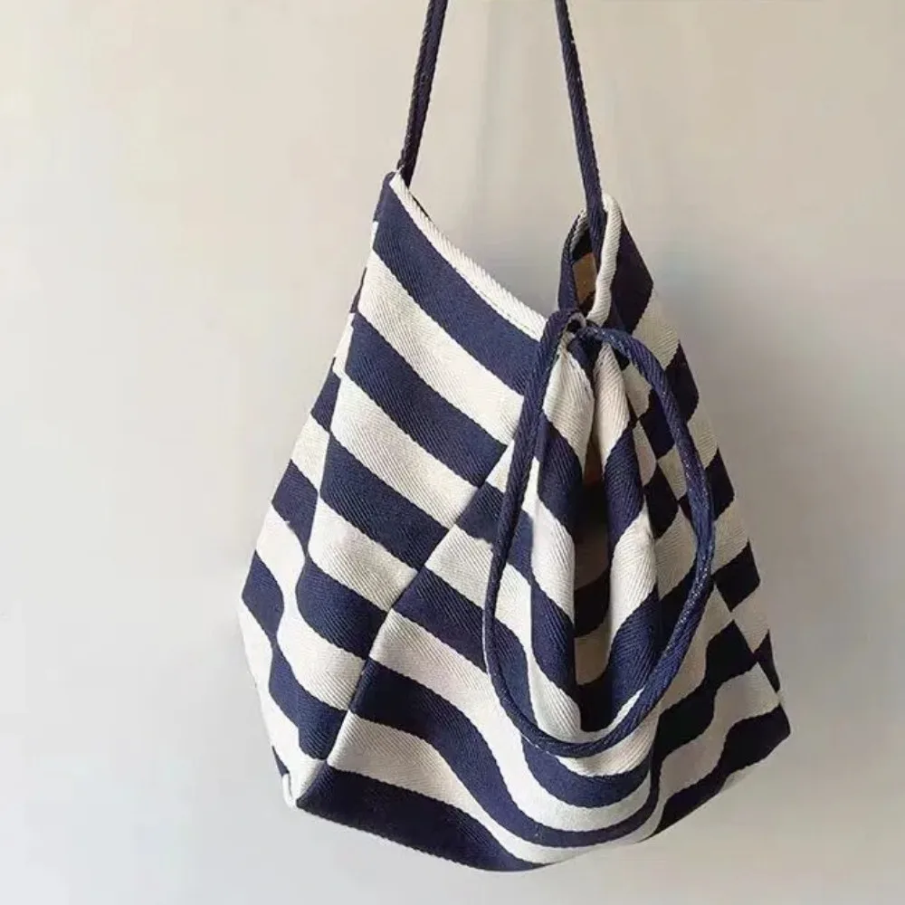 

Large Capacity Black White Stripe Bag Korean Style Simple Stripe Canvas Handbag Soft Contrast Color Thin Straps Tote Bag