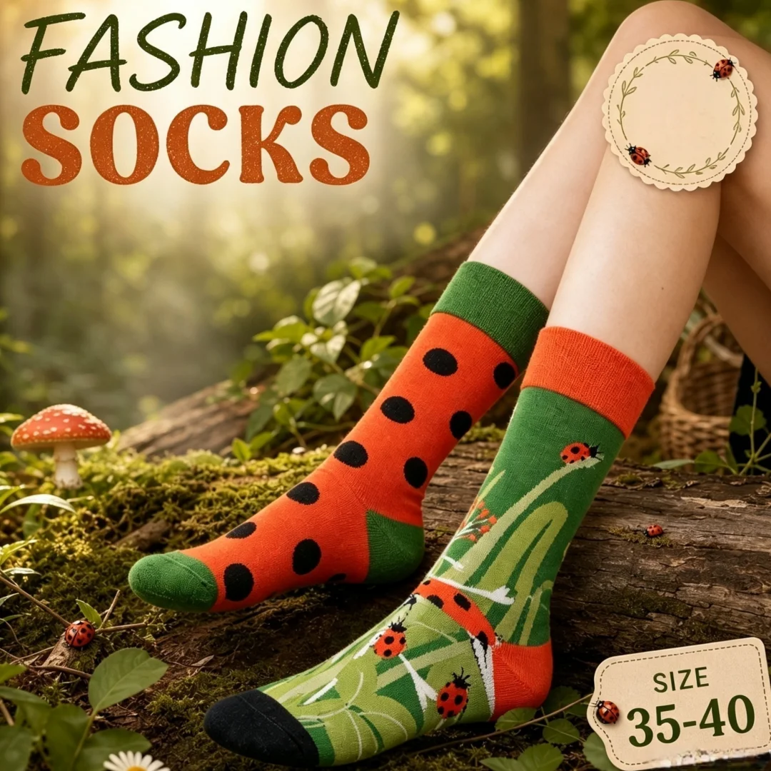 1 pair of fashionable socks with a ladybug and polka-dot print, featuring an asymmetrical design; suitable for both men and women.