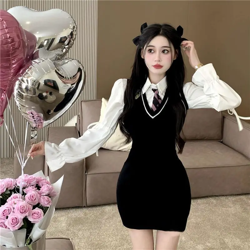 Sweet 2 Piece Dress Set Casual Long Sleeve Office Lady Blouse + Bodycon Elegant Mini Dress Preppy Style Korean 2023 Autumn