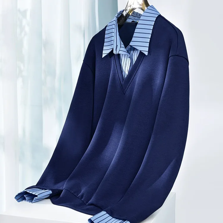 

Новый женский свитшот в стиле ретро с полосками, длинный рукав, осень 2025, из смесового хлопка с эластаном