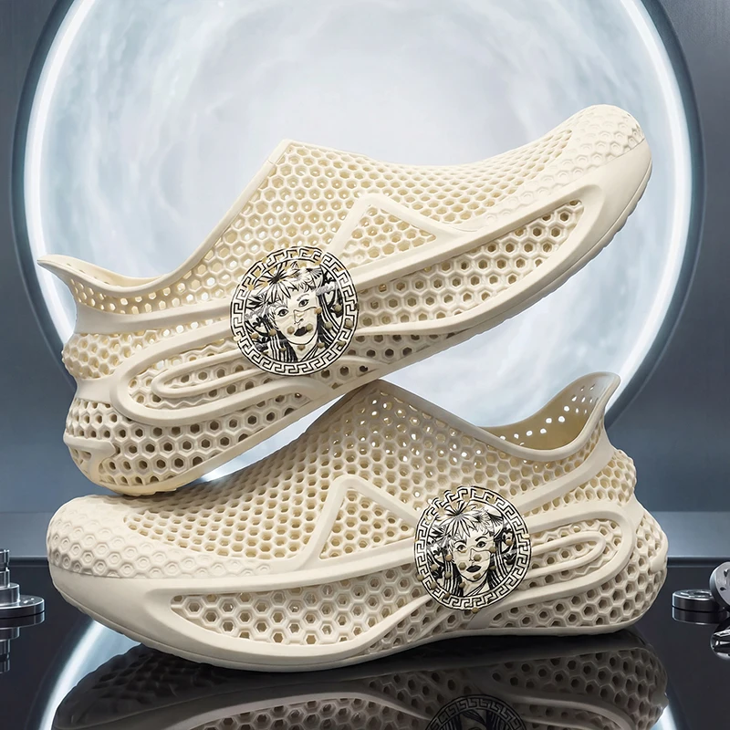 Male outdoor hollow walking slides lightweight sweat proof cushioned sole non slip simple solid color clog sandals