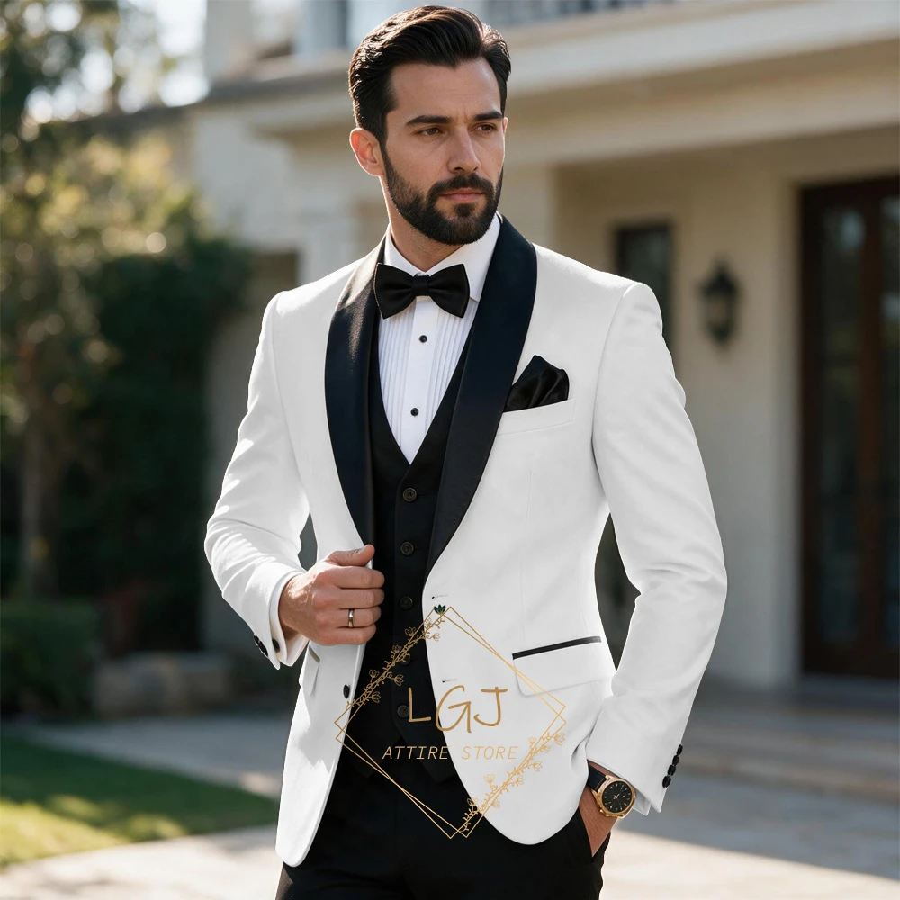 Men's Custom Single-Breasted 3-Piece Suit (Black Satin Shawl-Collar Jacket, Vest, and Trousers) — Suitable for Wedding Parties
