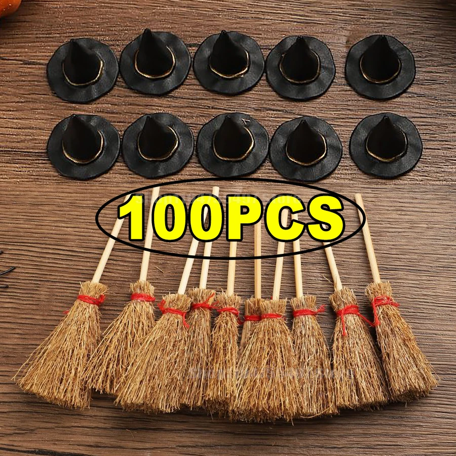 10/100pcs Mini Witch Hat and Broom Miniature Straw Brooms Halloween Party Craft Witches Decor Accessory Small Ornament DIY Decor