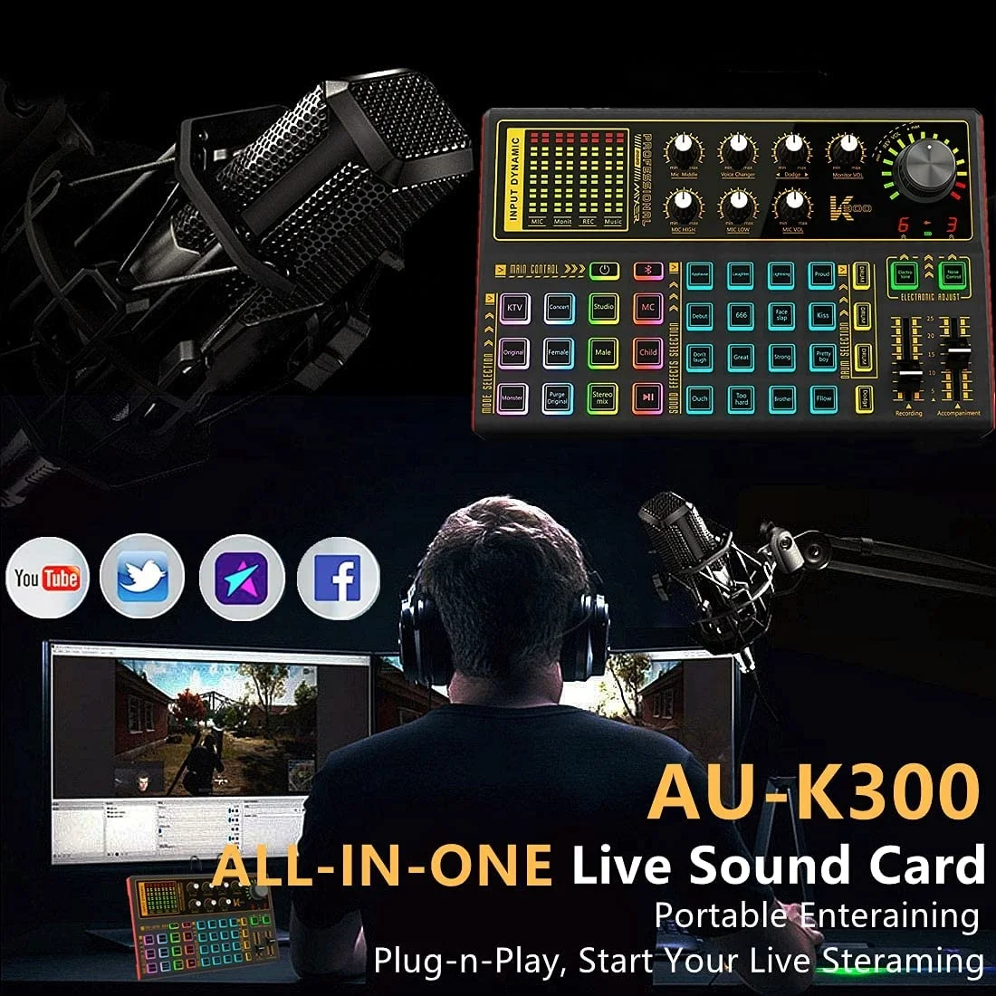 16 Special Effects Live Streaming Device Audio Studio USB K300 Sound Card