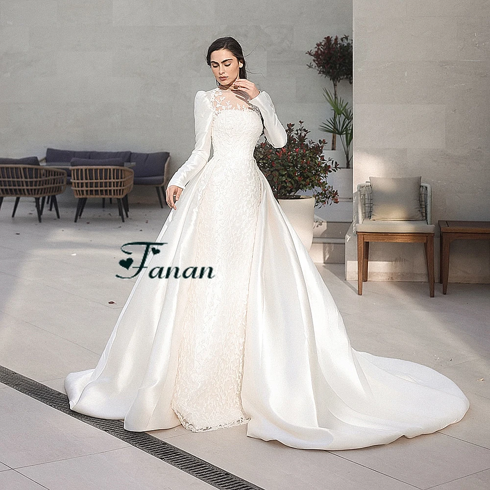 Personalizado o-pescoço simples cetim branco vestido de noite mangas completas com apliques de renda watteau trem vestido de festa até o chão vestidos