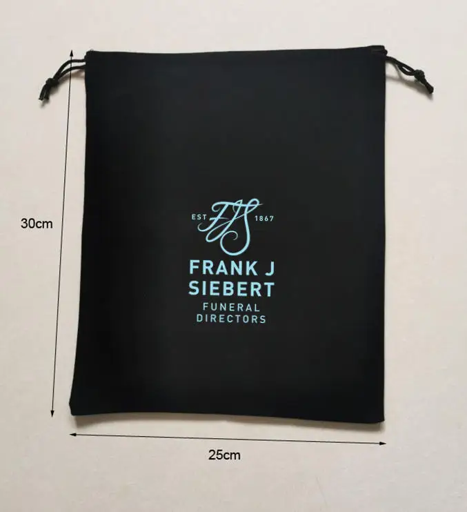 50 Pieces Customised Logo 25x30cm Black Velvet Bags Drawstring Gift Pouches Printed With Light Blue Logo