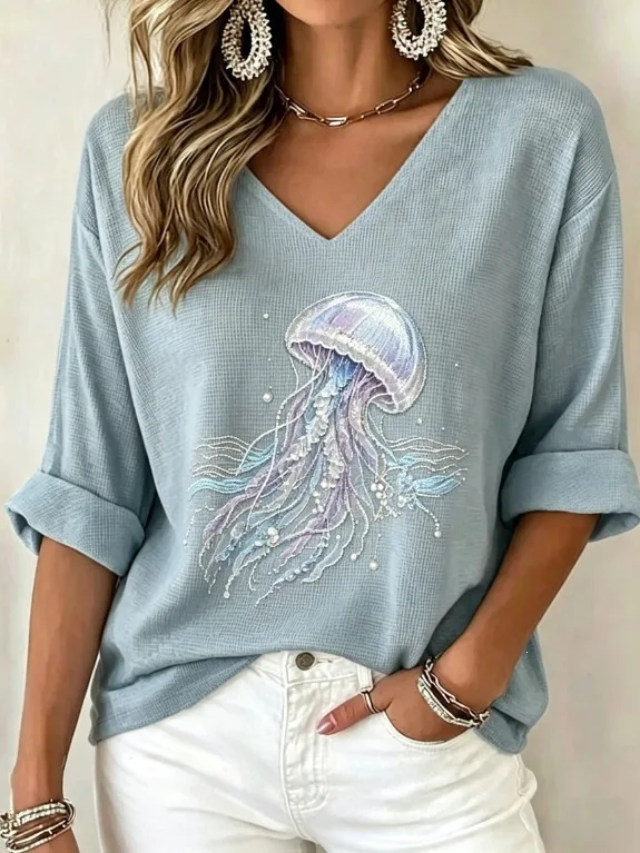 2026 New Model: Relaxed Shoulder, V-Neck, Long Sleeve, Hooded, 3D Digital Printed Women’s Top/T-Shirt
