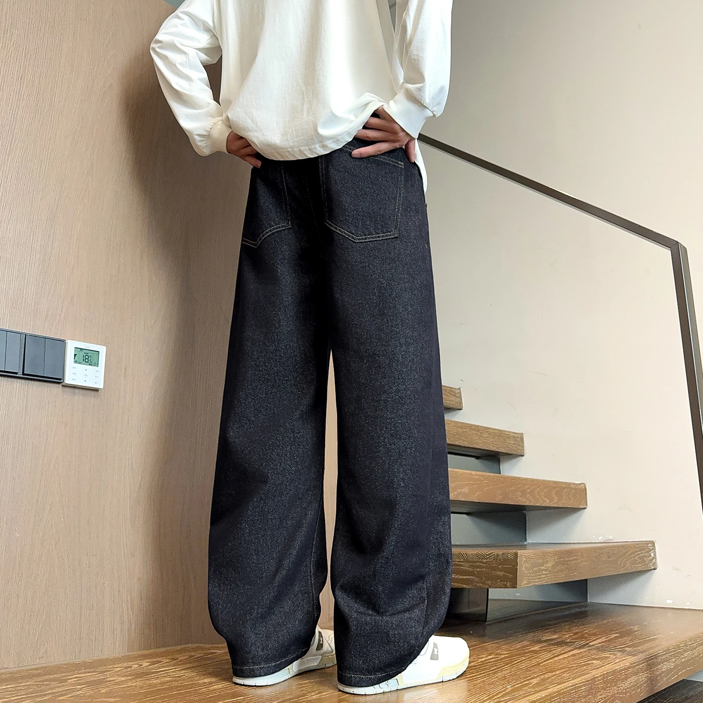 กางเกงยีนส์ทรงตรงขาบานสไตล์วินเทจแบบอเมริกันสำหรับผู้ชาย ล้างสีแบบวอเตอร์วอช เหมาะสำหรับฤดูใบไม้ร่วง/ฤดูหนาว