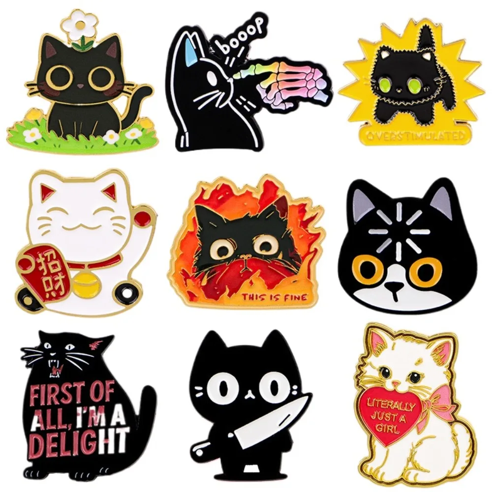 Black Cat Enamel Pins Funny Cartoon Kitten Lapel Pin Badge with Slogan Maneki Neko Cat Brooch for Backpack Lover Jewelry Gift