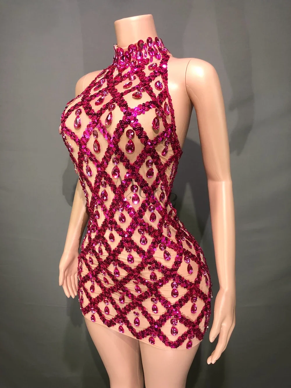 Sexy Mesh Transparent Evening Celebrate Birthday Dress Sparkly Rose Pink Sequins Rhinestones Bodycon Short Dress Stage Wear