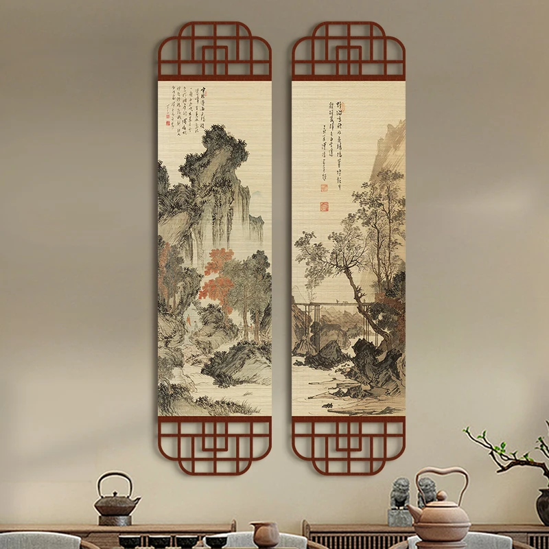 

Japanese Zen Dry Landscape Garden Ink Wash Painting, Bamboo Woven Hanging Scroll for Tea Room Living Room Study Home Wall Decor