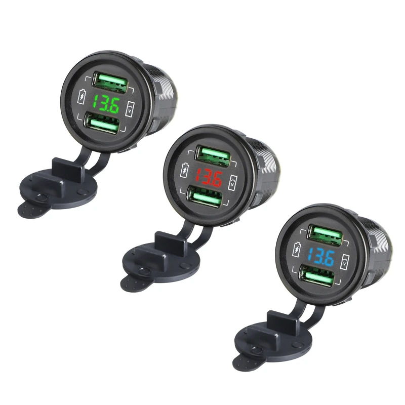 Car Mount for Tablet Phone 12V -24V 22.5W Dual USB Adapter with LED Voltmeter Power Outlet