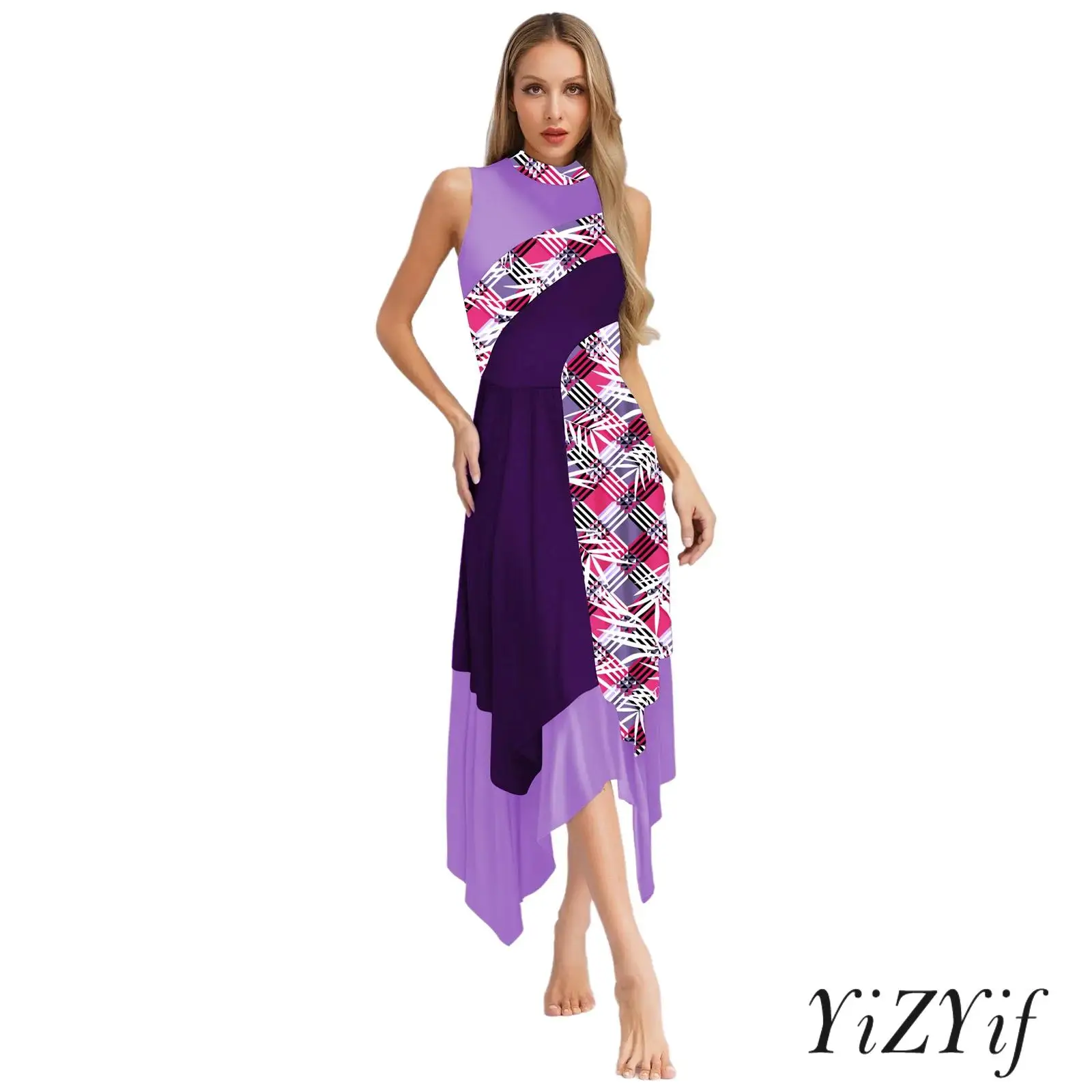 

Womens Worship Praise Dress Performance Dancewear Asymmetrical Dress Patchwork Sleeveless Mock Neck Tunic Liturgical Dress