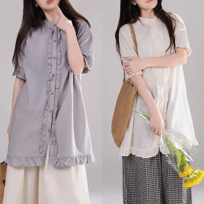 

Women Summer Sweet Mori Girl Edible Tree Fungus Cotton Linen Shirts Japan Style Solid Color Stand Collar Short Sleeve Blouse Top