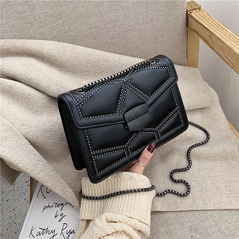 Vintage Rivet Chain Small Shoulder Bags for Women, Flap PU Leather, Fashion, Small Square Crossbody Bag, Designer Handbag