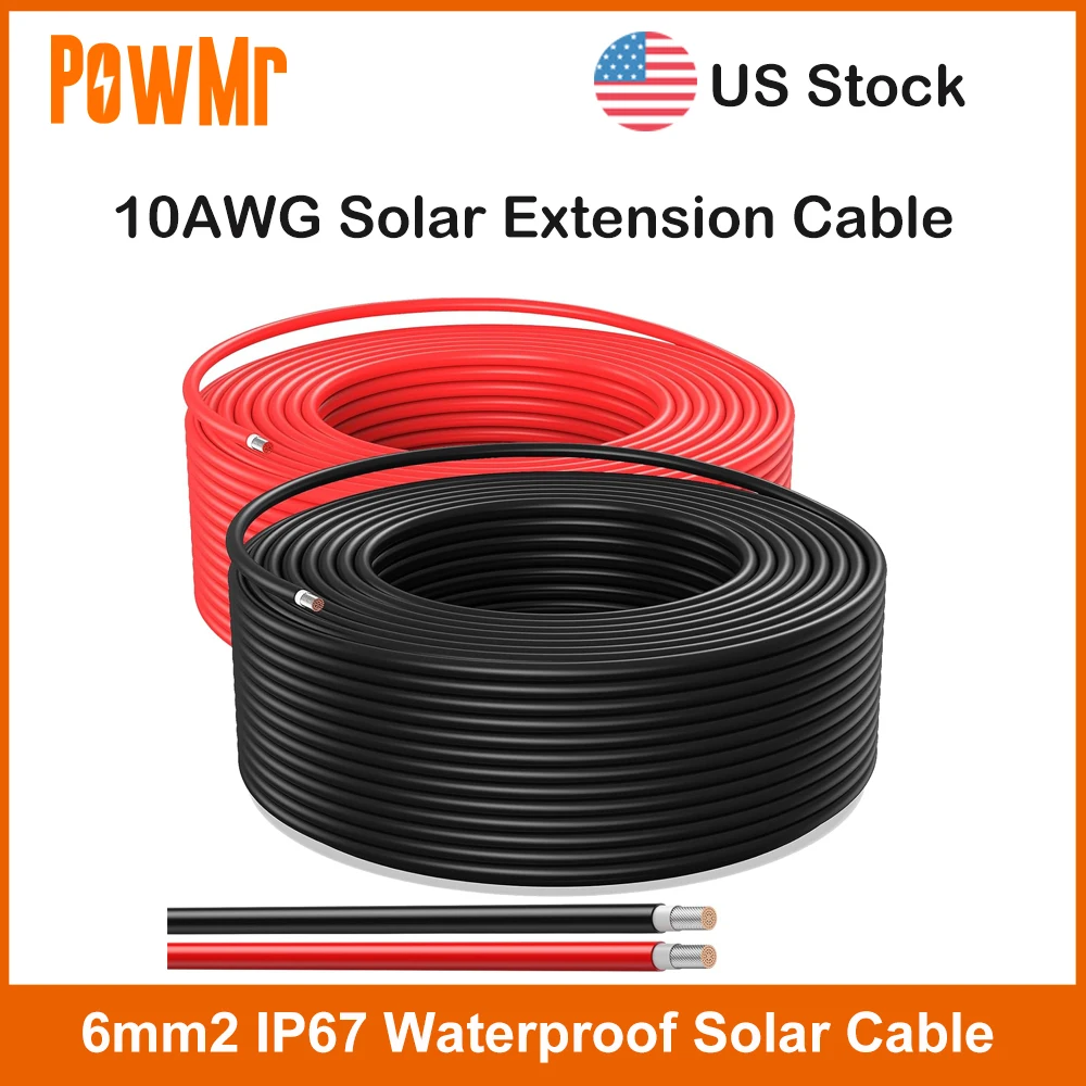 US Stock Solar Extension Cable 10AWG 100m 30m 6mm2 IP67 Waterproof Solar Power Cable Red Black For PV Panel Connection Home Boat