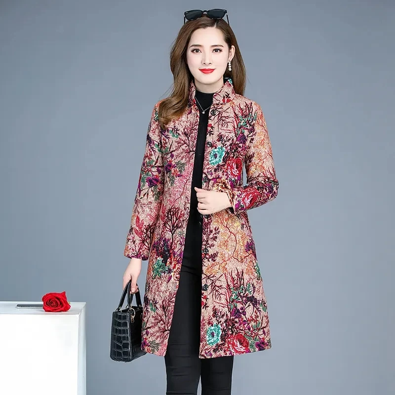 Retro Fashion Autumn Winter Overcoat Mid-Length Women Cotton Coat Linen Quilted Warm Coats Middle Aged Mom Casual Printed Jacket