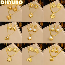 DIEYURO 316L Stainless Steel Golden Flower Heart Moon Pearl Necklace Earrings Set For Women Girl New Trend Fashion Jewelry Suit