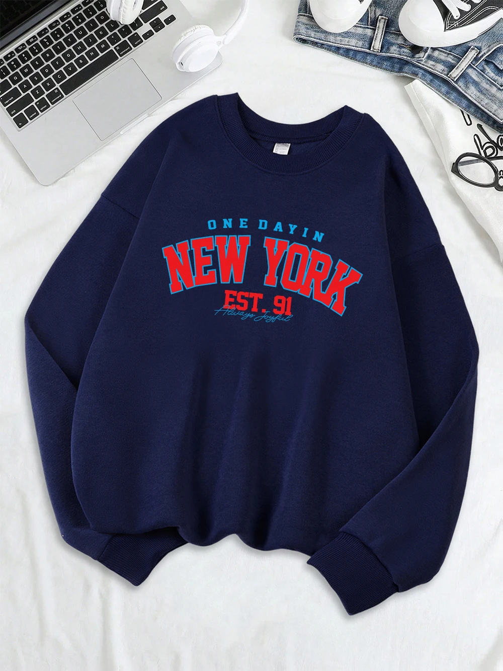 New York One Dayin Est.91 프린트 스웨트 여성 루즈 기본 후드 양털 따뜻한 크루 넥 의류 겨울 여성 streetwear