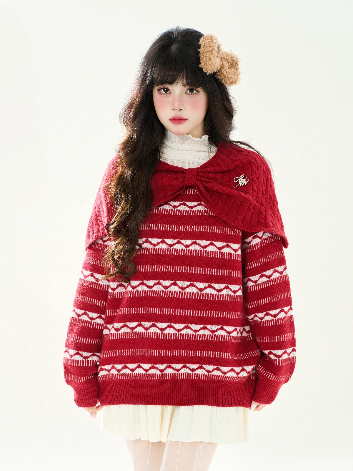 

Красный полосатый вязаный свитер-накидка свободного кроя для женщин, длинный топ, новогодняя модная верхняя одежда