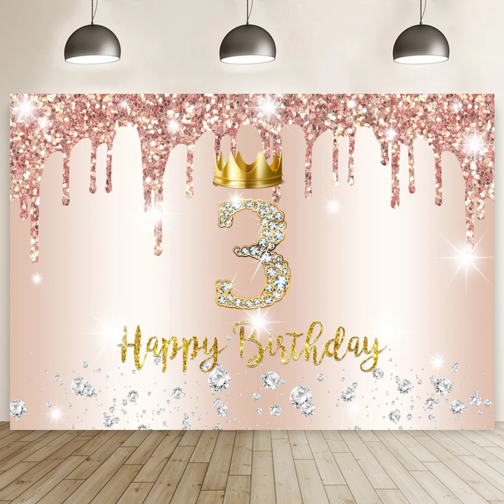 

Rose Gold 3rd Birthday Backdrop Banner Baby Shower Girl Three Birthday Party Photography Background For Photo Studio