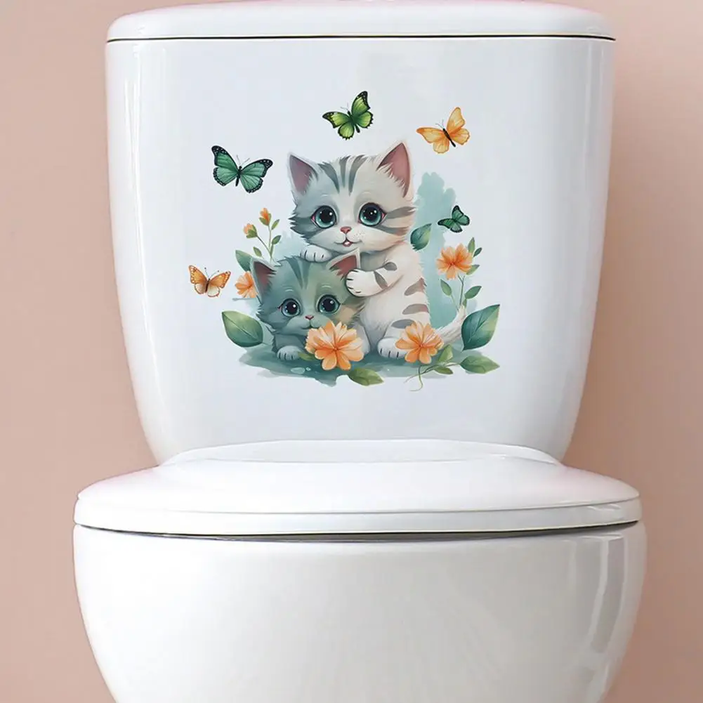 Pvc Toilet Decal Whimsical Cartoon Cat Butterflies Toilet Sticker Waterproof Pvc Wall Art for Room Bedroom Bathroom Decor Cat