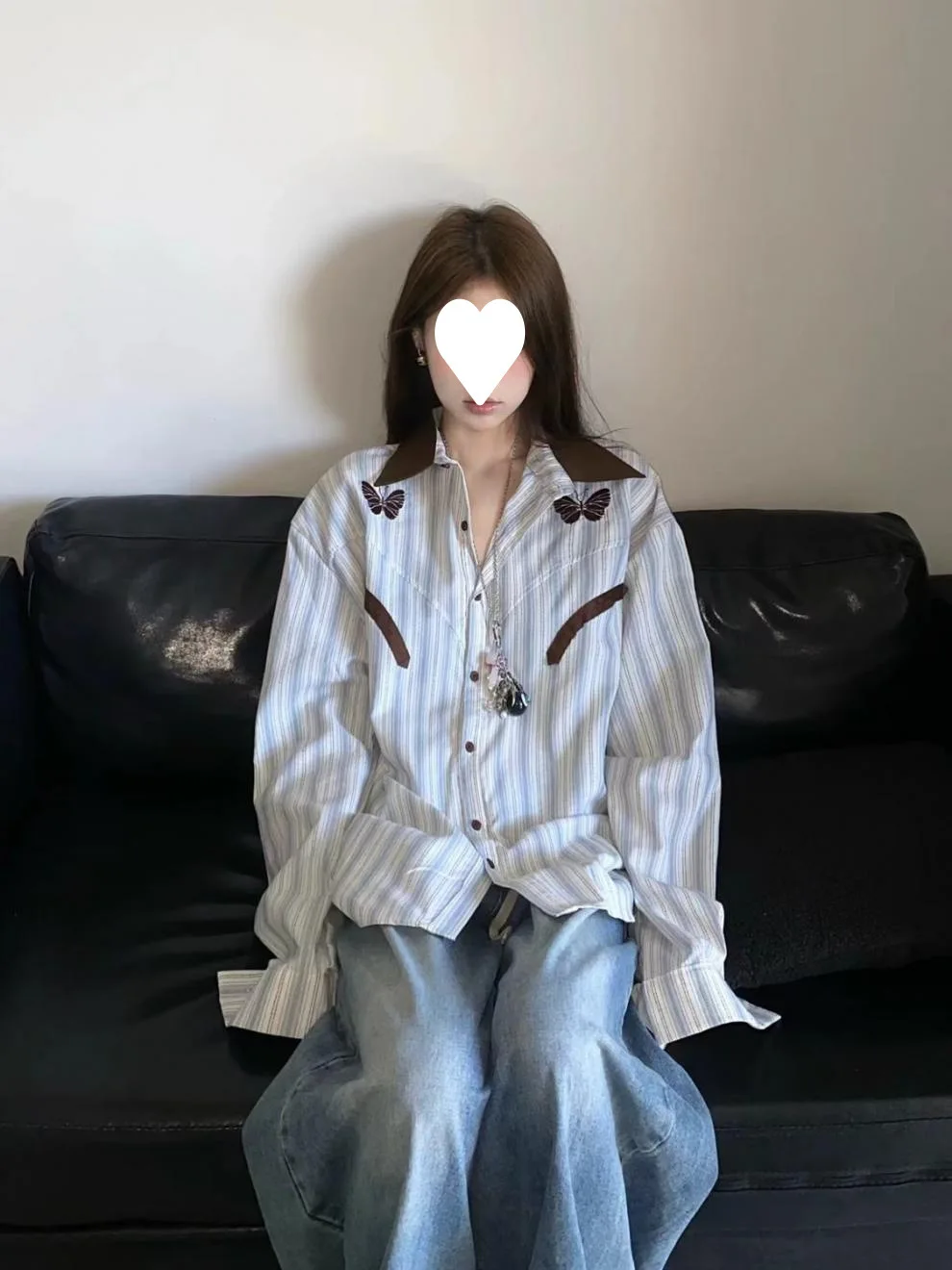 

Women's Striped Shirt, Butterfly Embroider Tops, Casual High Street Style, 2025 Spring Autumn Long Sleeve Shirts Woman