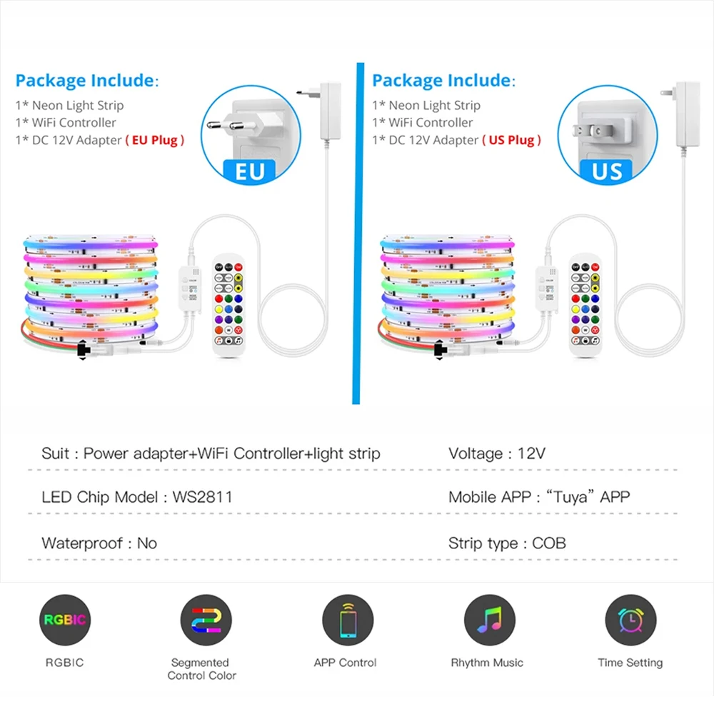 WS2811 COB LED Strip Light Tuya Smart RGBIC APP Controlled Compatible Google Assistant COB 576/720 LEDs RGB Color Light 12v/24v