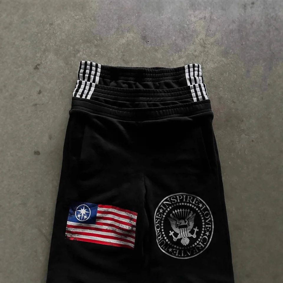 

Мужские черные уличные шорты с принтом американского флага и орла, новинка 2025, повседневные спортивные шорты большого размера, модные брюки в стиле хип-хоп