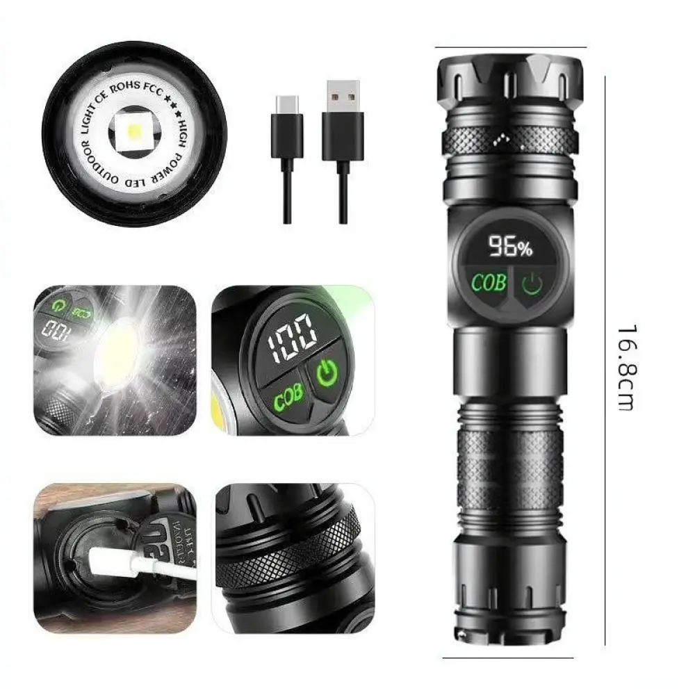 Multi Functional LED Flashlight Rechargeable Searchlight With Side Light Intelligent Screen For Outdoor Survival Repair