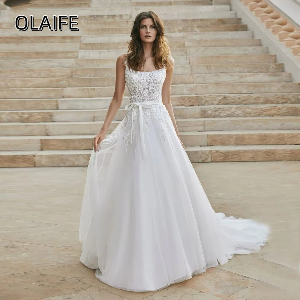 

Olaife Glamorous A Line Wedding Gown For Bride Bow Lace Appliques Backless Tulle Square Collar Sleeveless Sweep Train Customized