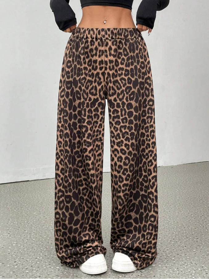 Unisex Brown Leopard Printed Quick Dry Long Pants Summer Loose Straight Trousers Men Women Casual Sports Daily Street Sweatpants