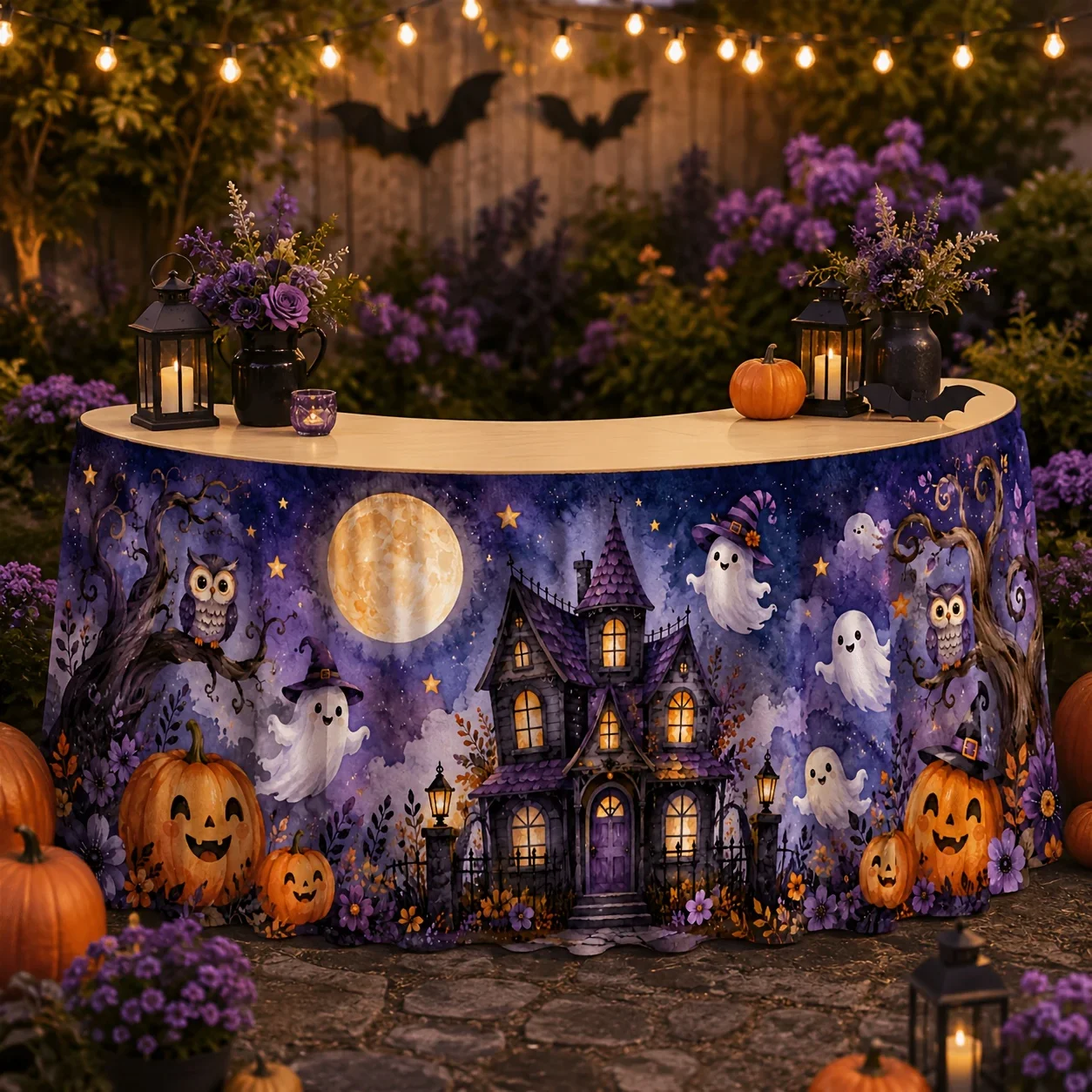 One rectangular tablecloth, suitable for Halloween table decoration - Watercolor Purple Haunted House Tableclothxzj