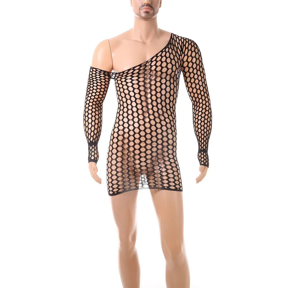 Männer Fishnet Kleid Erotische Dessous Langarm Kleider Aushöhlen Durchsichtige Weiche Schlaf Party Club Schnell Trocknend Weiche Erotische hombre
