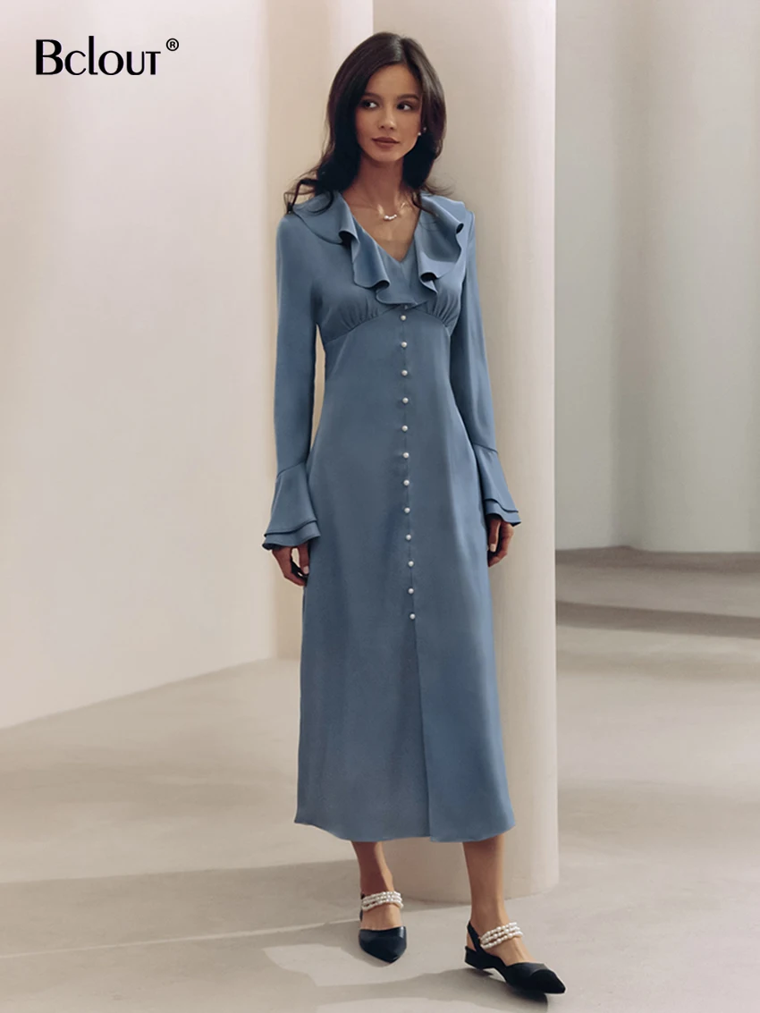 

Bclout Vintage Blue Ruffled Dress Women 2024 Elegant Flare Sleeve Office Lady A-Line Dresses Casual High Waist Slit Dress Female