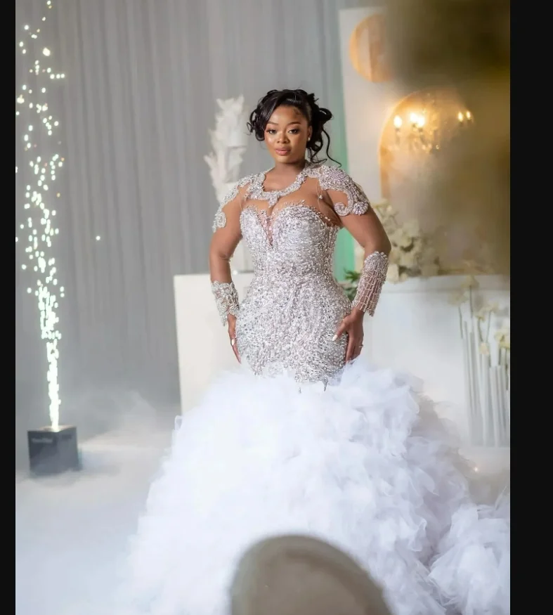 Роскошное свадебное платье с круглым вырезом и блестящими бусинами по индивидуальному заказу, халат со шлейфом De Mariee, роскошное свадебное платье с длинными рукавами и ярусами