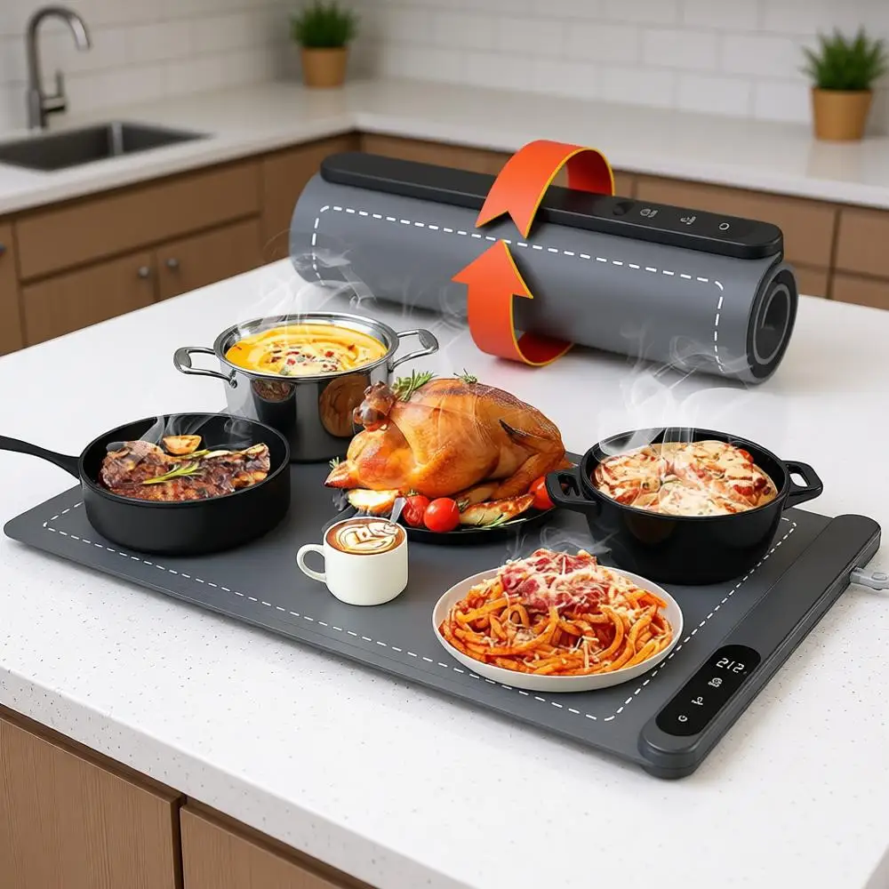 

Графеновая нагревательная пленка, электрический подогреваемый поднос с регулируемой температурой, 6 уровнями регулировки и таймером на 6 часов, складной для подогрева пищи или использования в качестве подогревателя.