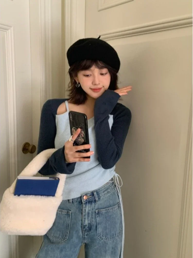 Patchwork Contrast Color Drawstring Pullovers Sweet Y2k Aesthetic Women Pleated Knitwear Japanese Hollow Out All Match Sweaters