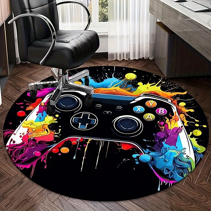 1pc Round Game Controller Printed Area Rug, Non‑Slip Floor Mat for Bedroom, Living Room, Office Chair, All‑Season & Christmas
