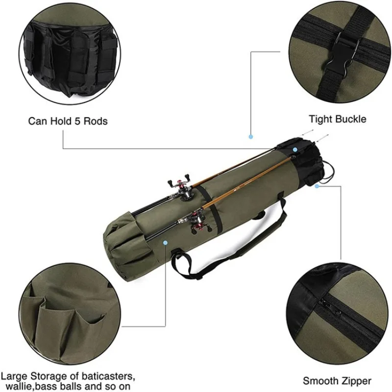 Outdoor Army Green Cylinder Fishing Bag Multi -function Fishing Rod Bag Fishing Gear Storage Bag